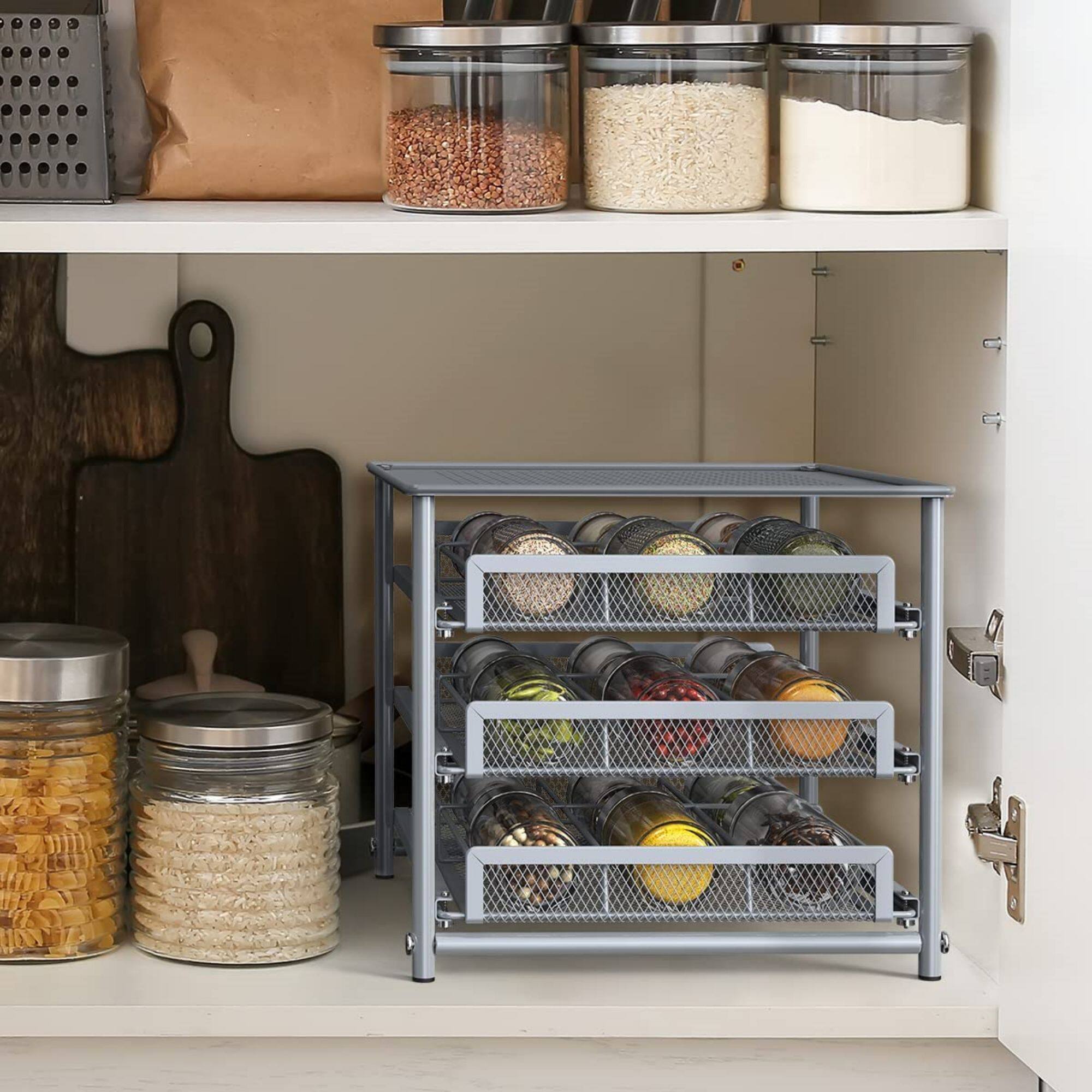 NEX™ 3-Tier 18-Bottle Metal Spice Rack with Drawer Organizer